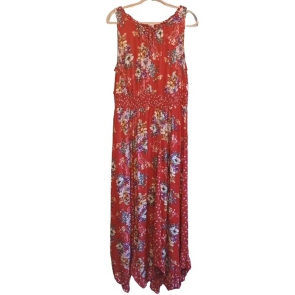 BILA PS930B XL Red Floral Rayon Maxi‎ Dress Smocked Handkerchief Hem Boho India